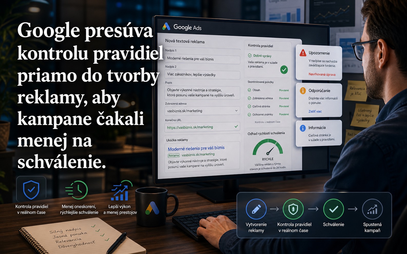 Google presúva kontrolu pravidiel priamo do tvorby reklamy, aby kampane čakali menej na schválenie.
