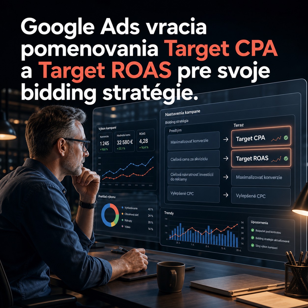 Google Ads vracia pomenovania Target CPA a Target ROAS.